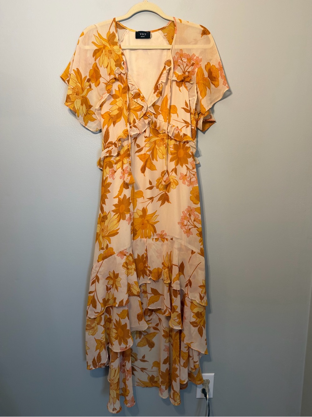 Vici Cream and Yellow Floral Ruffle High-Low Dress
